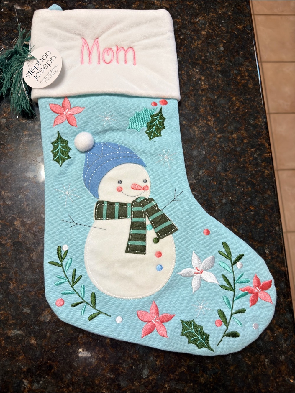 NWOT - ALREADY EMBROIDERED WITH MOM STEPHEN JOSEPH Snowman CHRISTMAS STOCKING